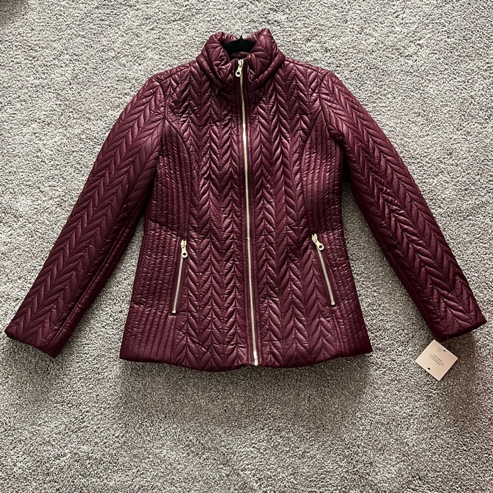 NWT Kate Spade Water-Resistant Hooded Zip Quilted Moto Jacket Sz XS Fig Burgundy